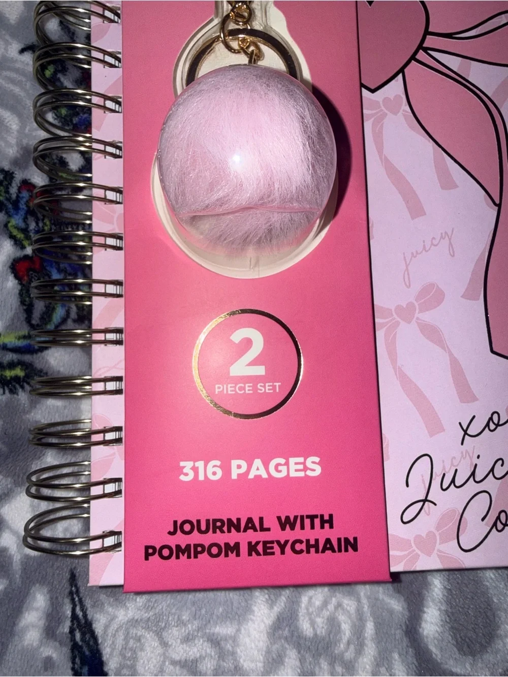 Juicy Couture Home Pink Bow Spiral Journal & Pom Pom Keychain Set